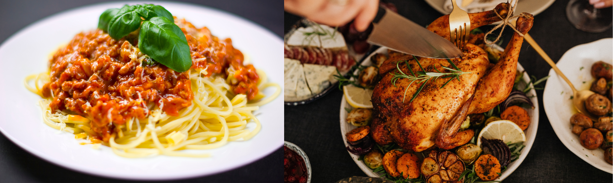 plate of spaghetti and roasted chicken with vegetables 